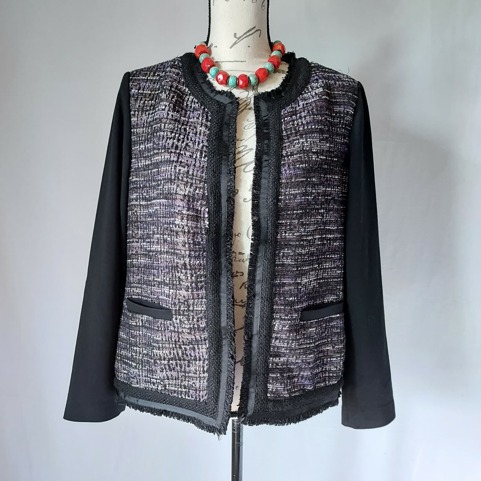 NWT Chico's Metallic Tweed Open Front Blazer Black-Purple Polyester Wool Blend 1