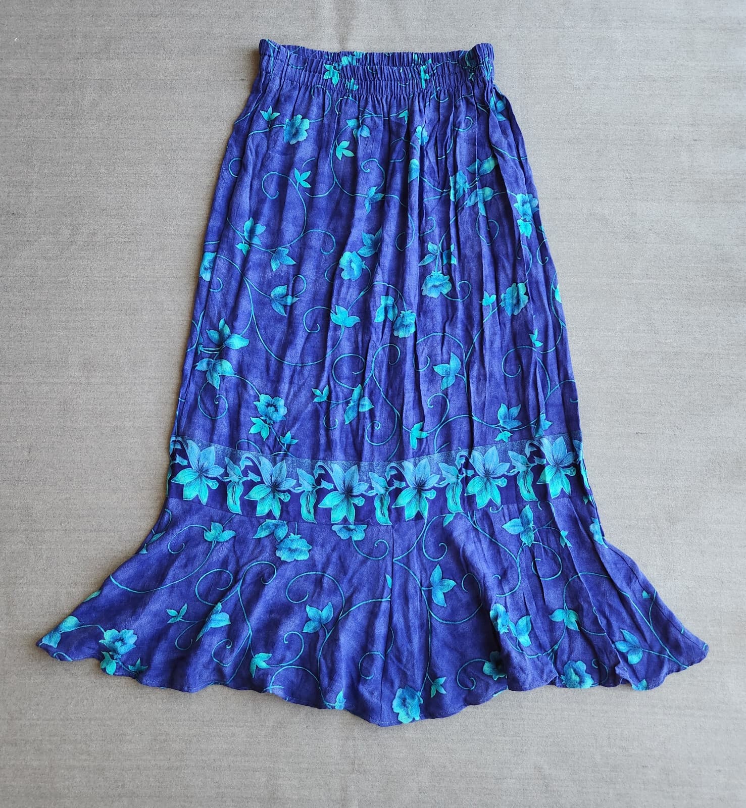 Red Rock Reflections Floral Maxi Skirt Elastic-Waist Blue One Size (Waist 30")
