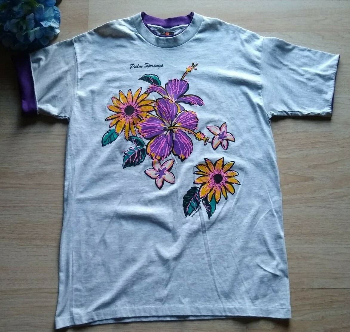 SIGNAL SPORTS 100% Cotton Knit T-Shirt Palm Springs Graphic Gray Short Sleeve XL