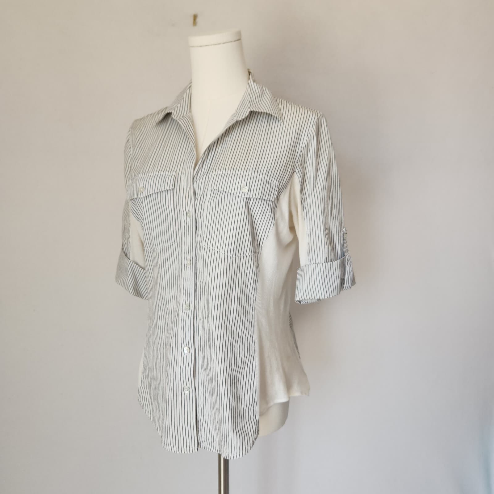 James Perse Roll Tab Button-Up Shirt Ribbed Knit Side Panel White Stripe Sz.2/M