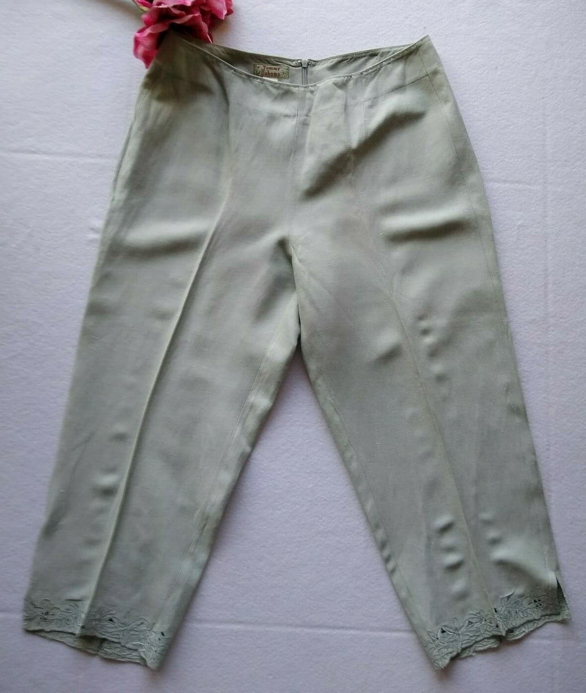 Tommy Bahama Silk Linen Blend Embroidered Crop Capri Pants Green Women Sz.12