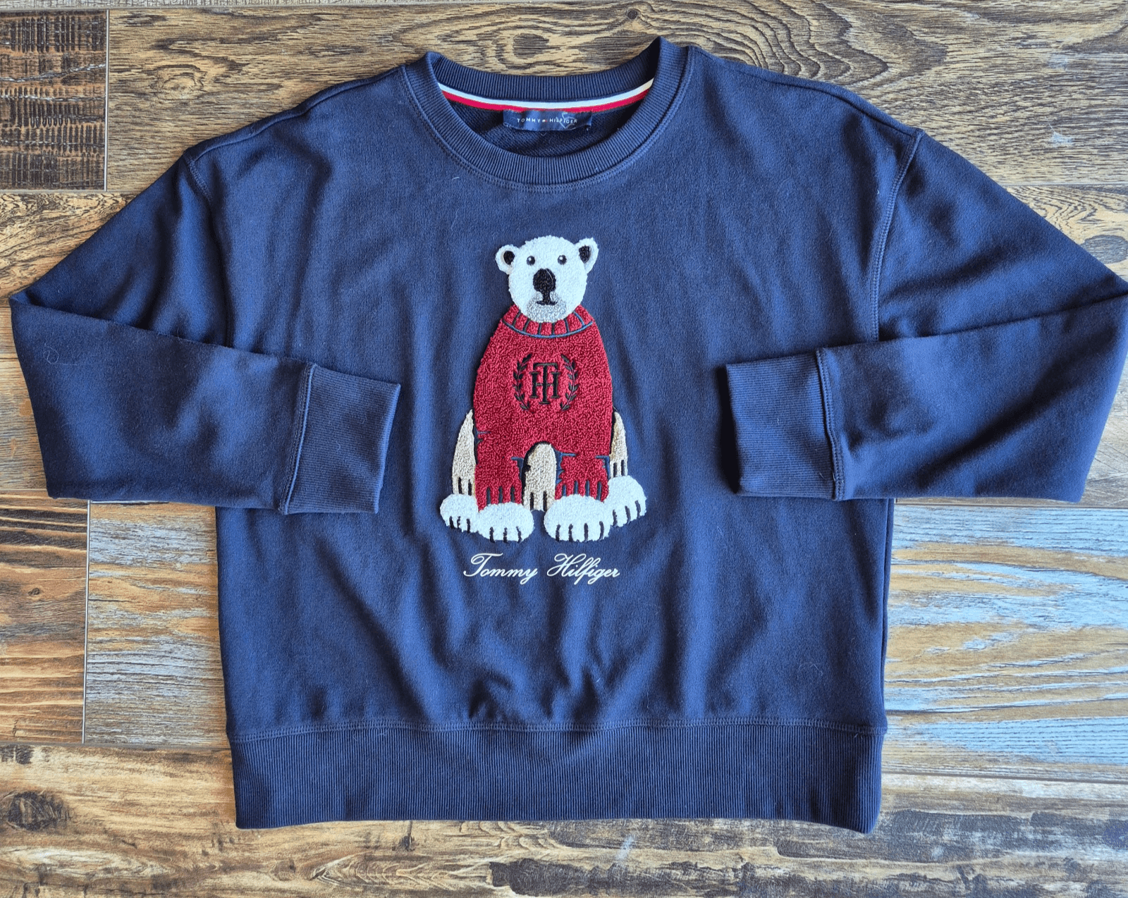 Tommy Hilfiger Polar Bear Embroidered Terry Knit Crewneck Sweatshirt Blue S/M