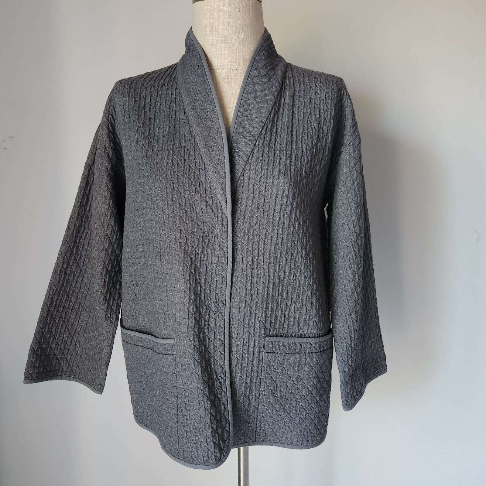 EILEEN FISHER Quitled Diamond Textured Jacket Snap Pocket Cotton Blue-Grey Sz.S