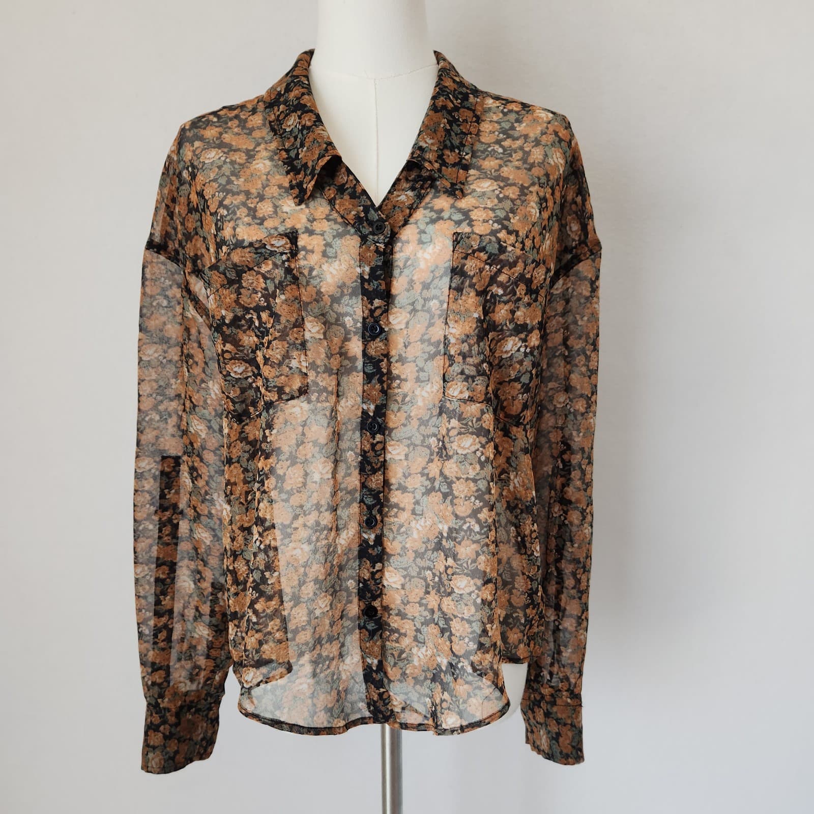 Free People Floral Sheer Chiffon Button-Up Shirt Long Sleeve Pocket Women's XS