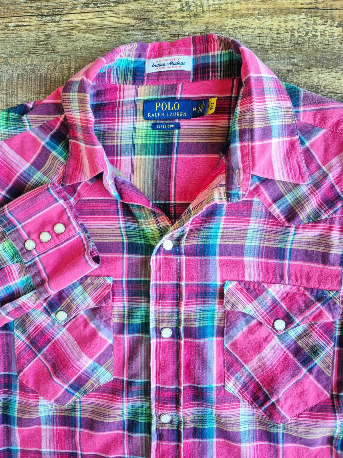 Polo Ralph Lauren Indian Madras Pearl Snap Western Shirt Long Sleeve Pink Mens M