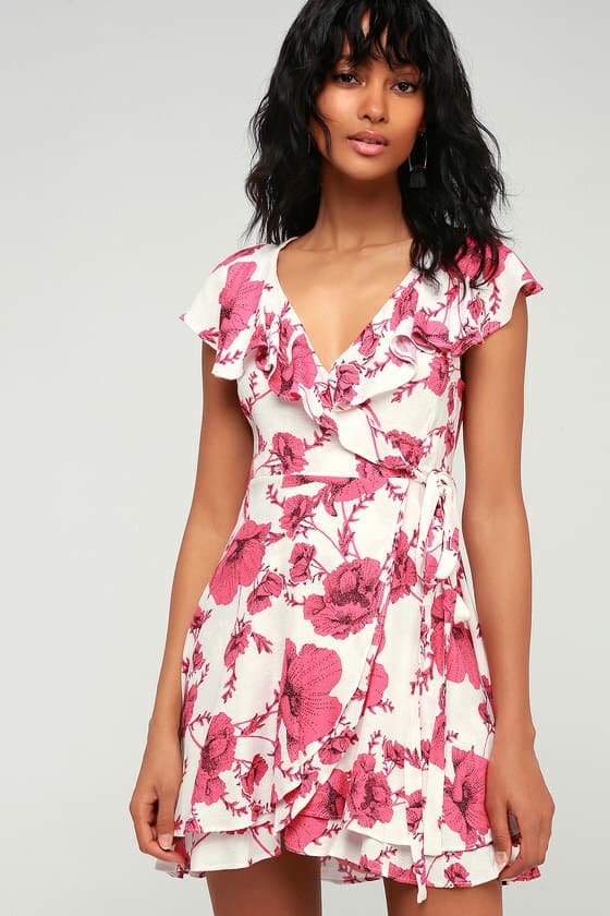 Free People French Quarter Floral Mini Wrap Dress Ruffle Short Sleeve Pink Sz.S