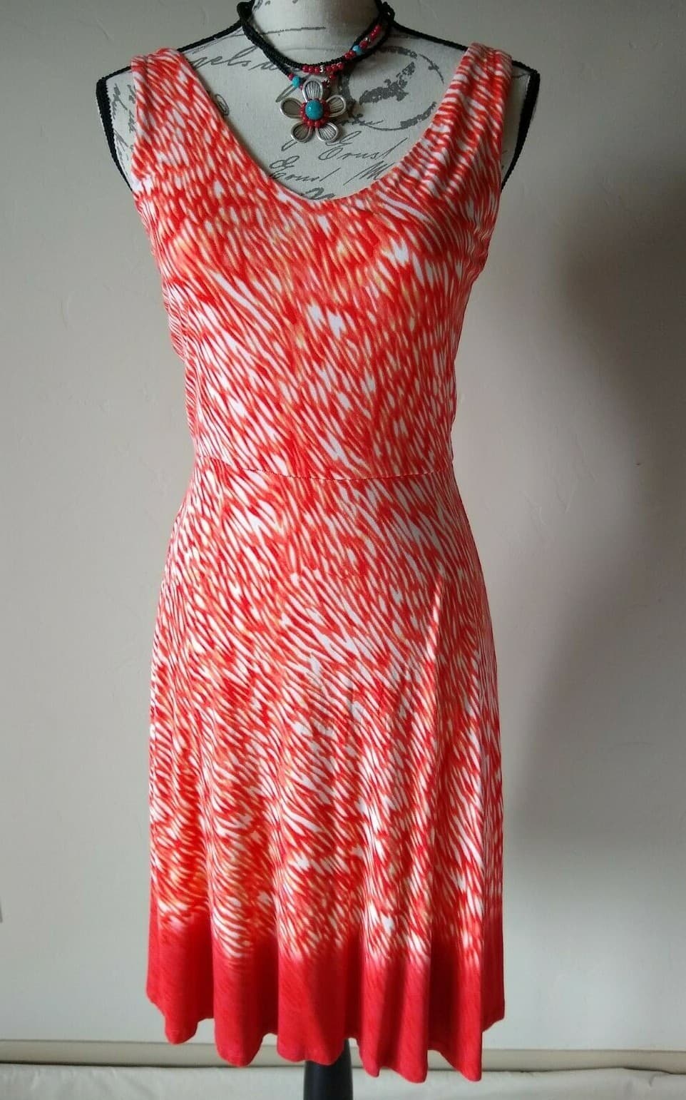 Athleta Reef Printed Knit Sheath Yoga Dress Sleeveless Orange White Women Sz.S