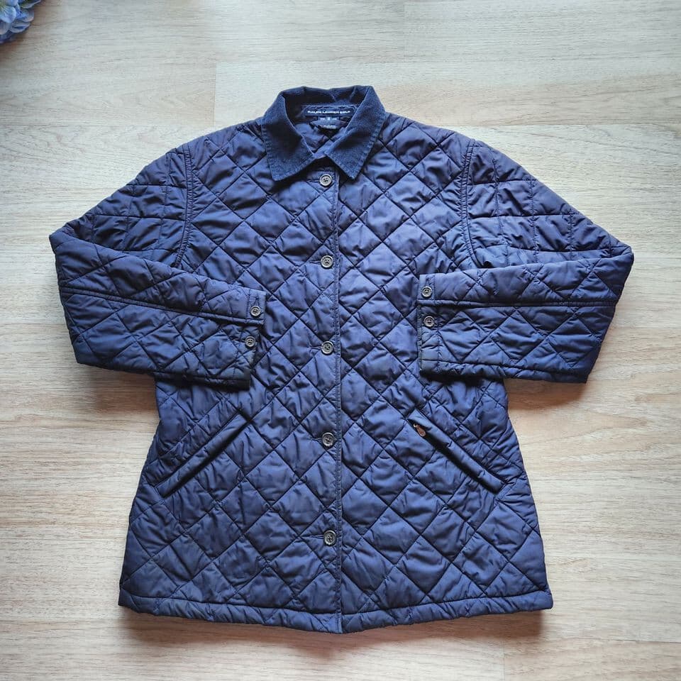 Ralph Lauren Golf Quilted Jacket Corduroy Colloar Button Zip-Pocket Blue Women M