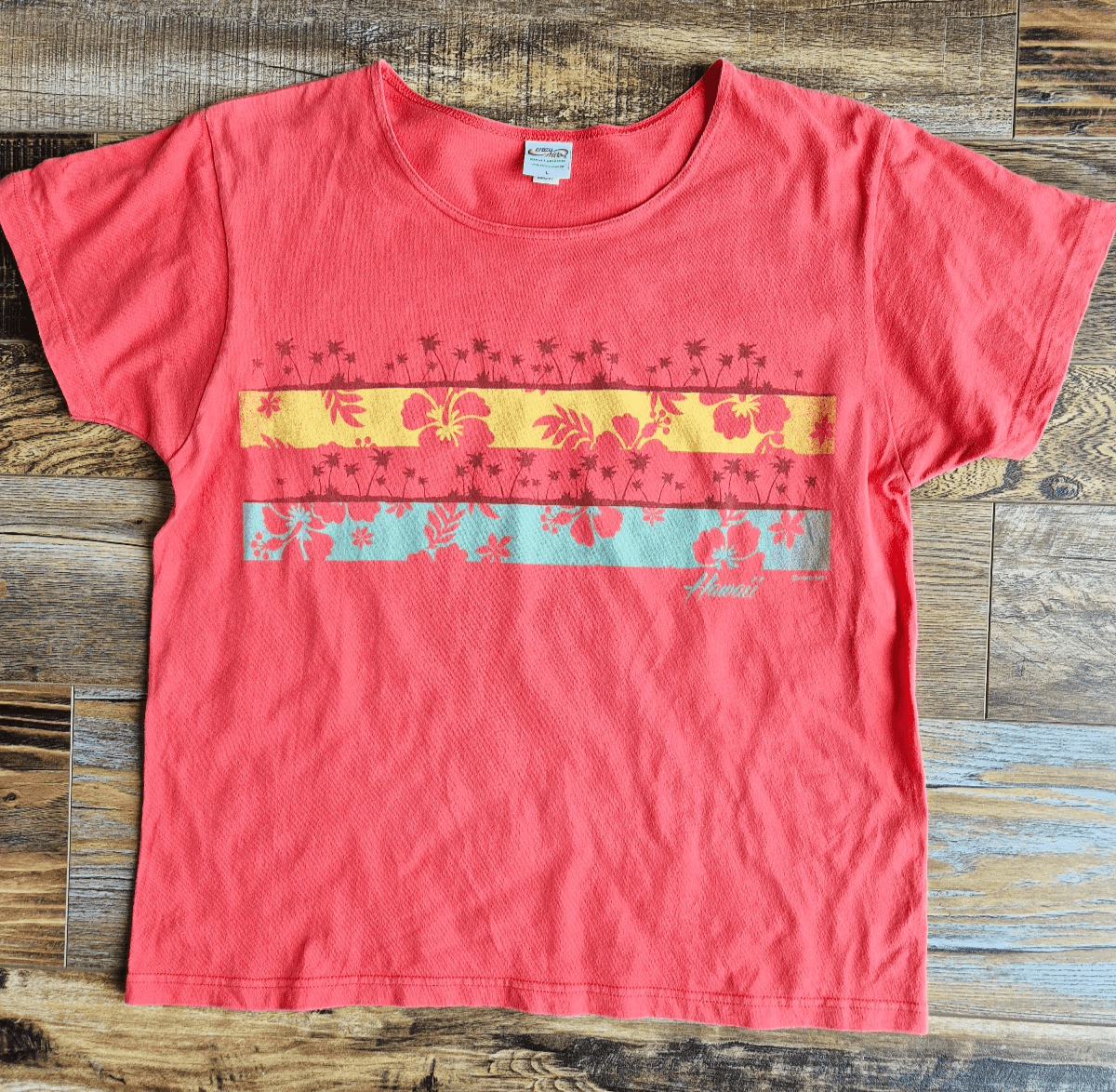 Crazy Shirts Hawaii Hibiscus Palm T-Shirt Short Sleeve Cotton Orange-Red Size L