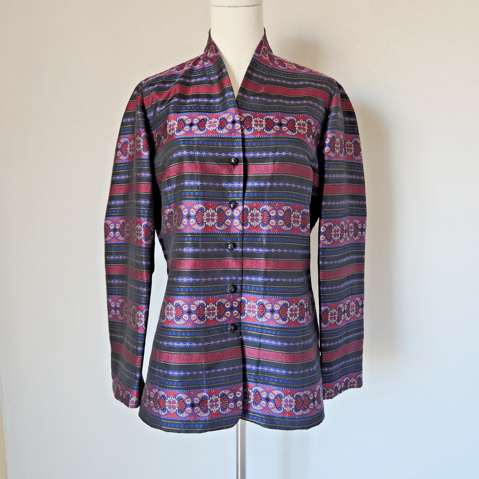 Vintage Talbots Silk Jacquard Tribal Lightweight Jacket Metallic Multicolor 10