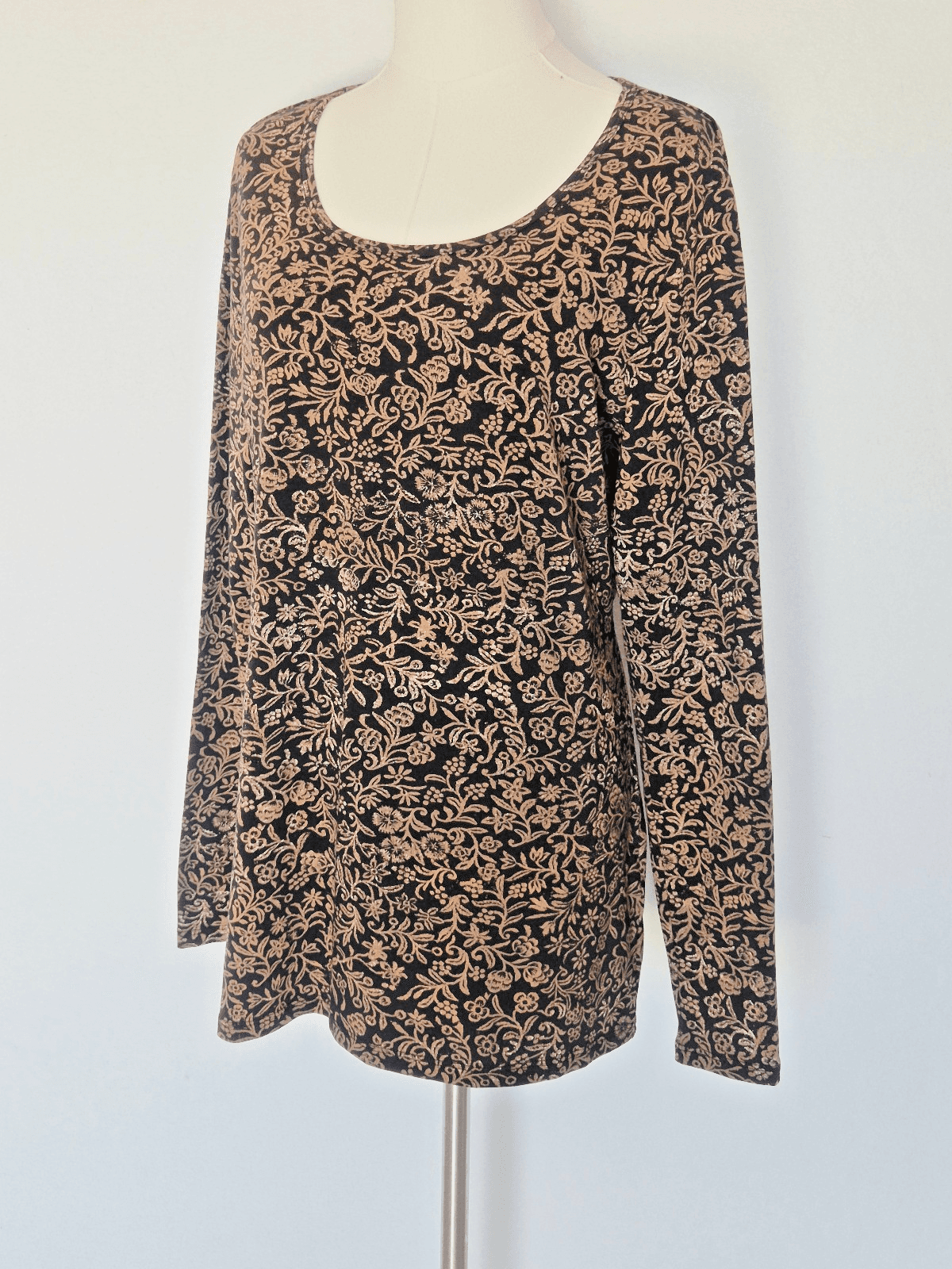 Peruvian Connection Floral Tunic Top Scoop Neck Long Sleeve Knit Brown Women's L