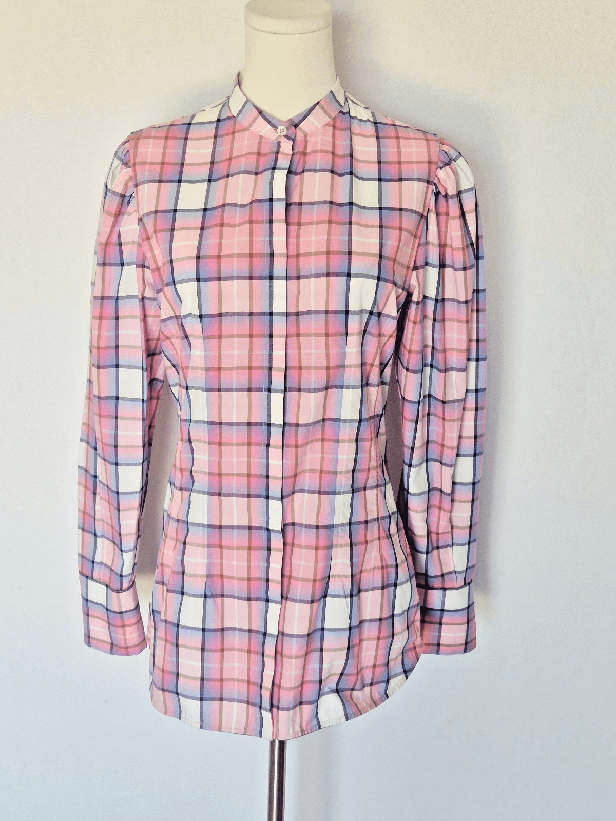 NEW MSGM Milano Made in Italy Camicia Shirt Slim-Fit Band Collar Pink Plaid EU40