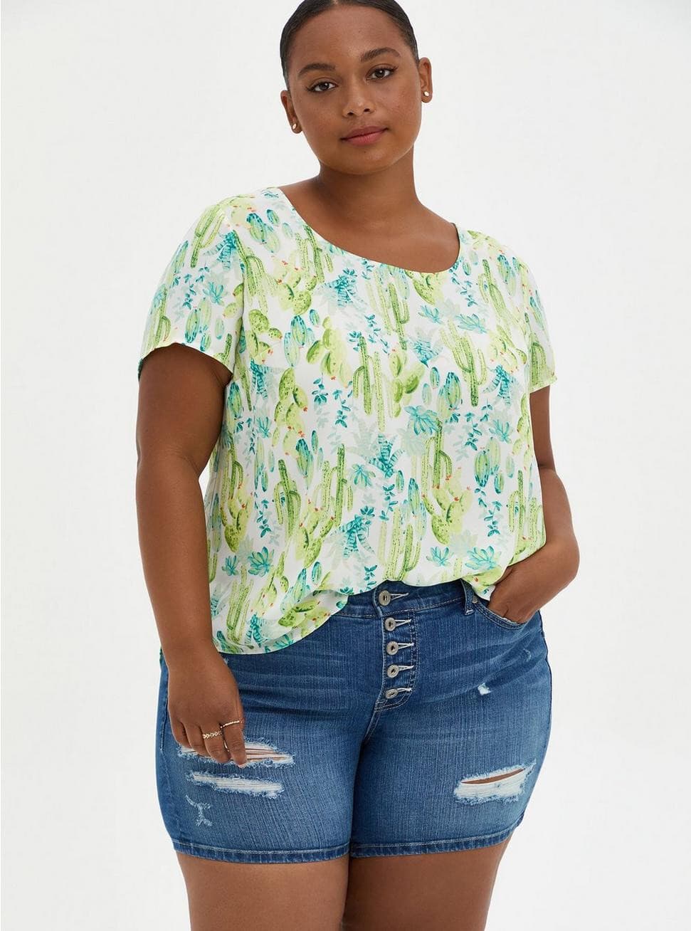 Torrid Abbey Georgette Button Back Blouse Short Sleeve Cactus Multi Sz.O (L)