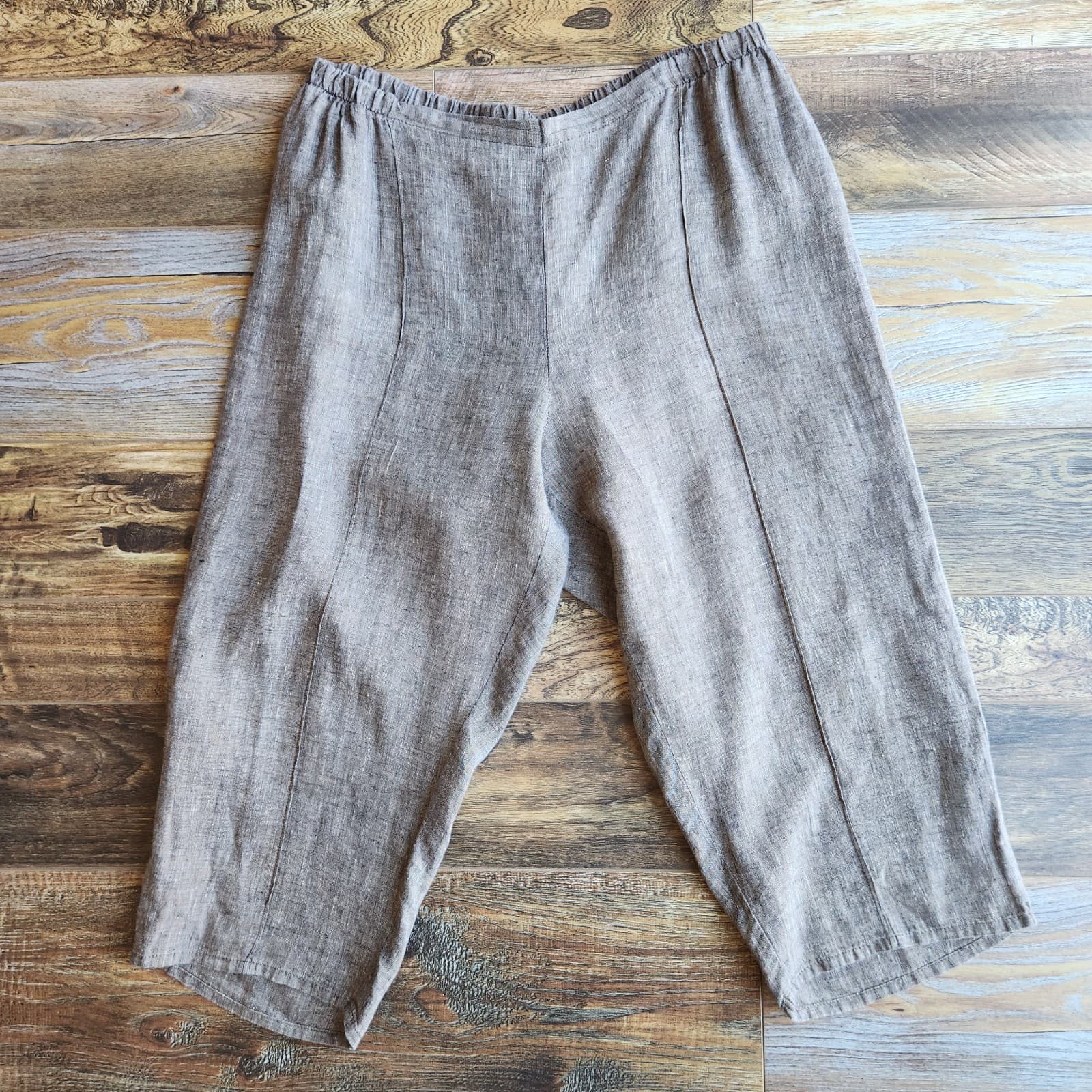 FLAX 100% Linen Lagenlook Seam Relax-Fit Cropped Pants Elastic Waist Brown Sz.L