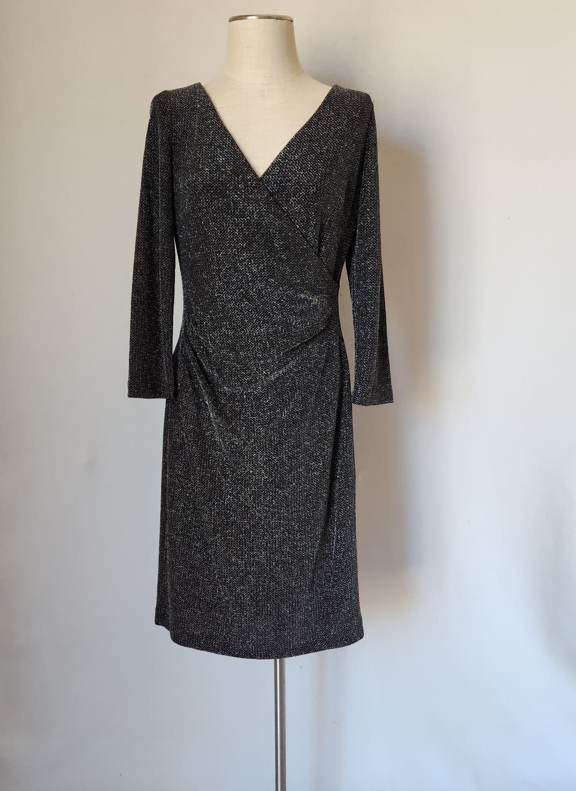 Lauren Ralph Lauren Black Metallic Evening Nightout Midi Dress Ruched Women's 10