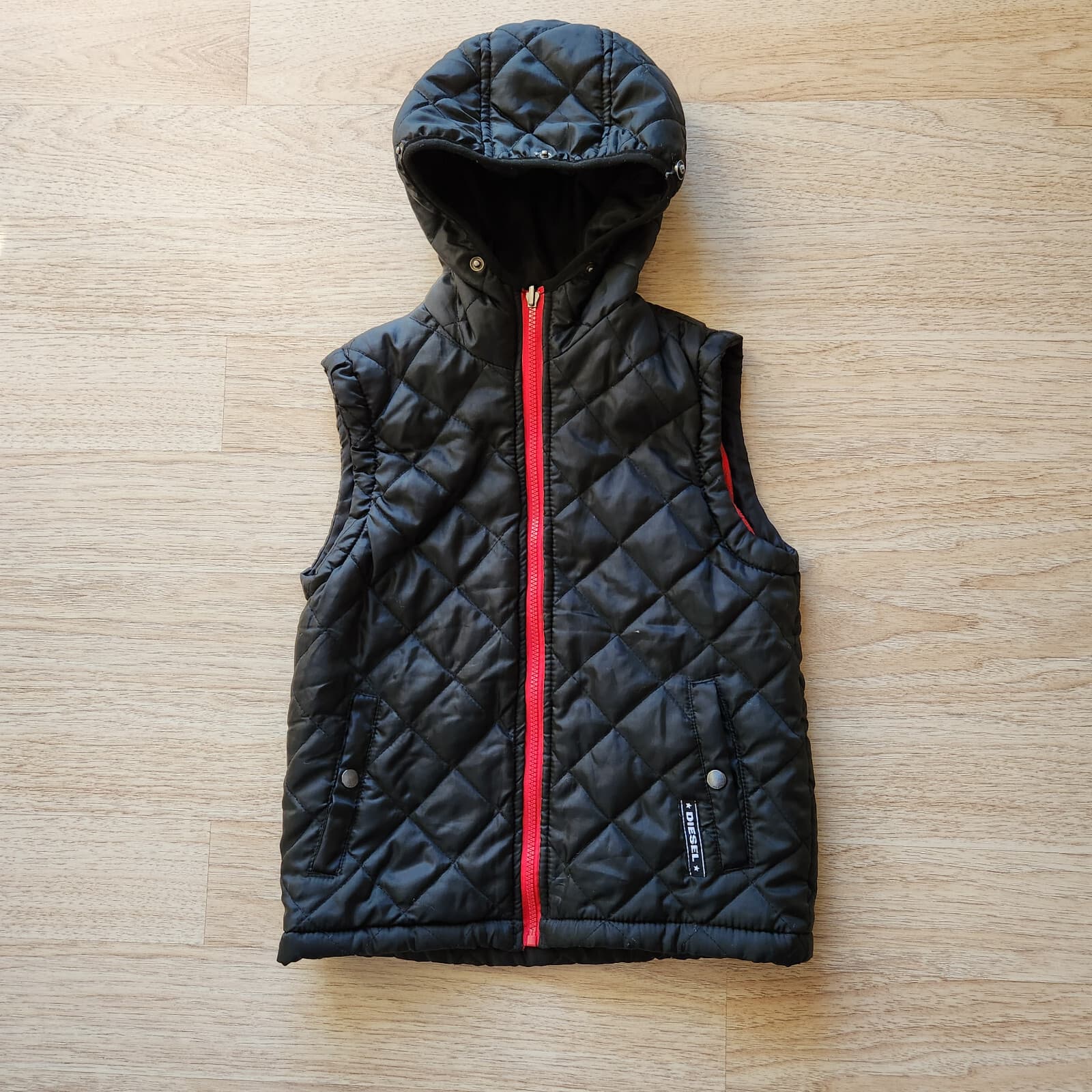 Diesel Boys Puffer Quited Hooded Vest Fleece Lining Zip-Up Pocket Black Sz.S/8