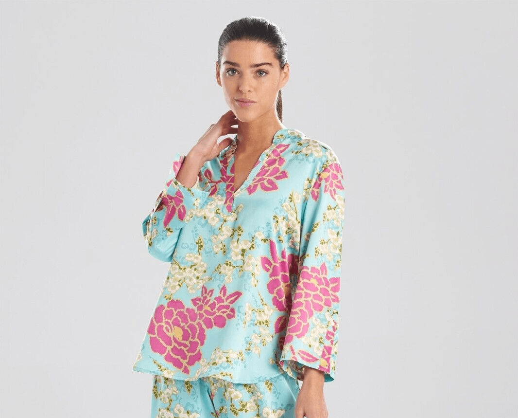 Natori Harumi Satin Pajama-Top Pull-Over Long Sleeve Floral Multicolor Women S