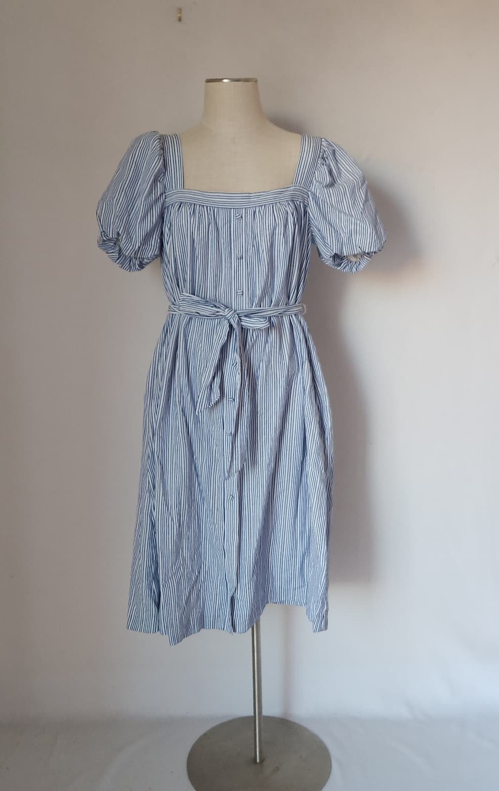 NWT Alex Marie Square Neck Striped Midi Dress Belt Melon Sleeve Blue White Sz.12