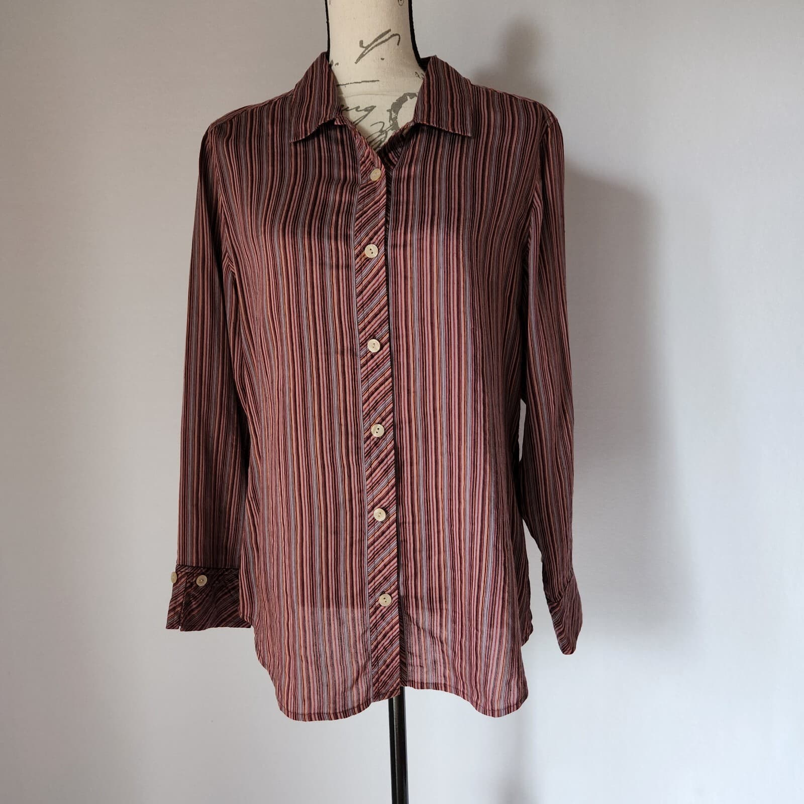 Vintage J.Jill Linen Blend Button-Down Shirt Long Sleeve Multicolor Stripe Sz.M