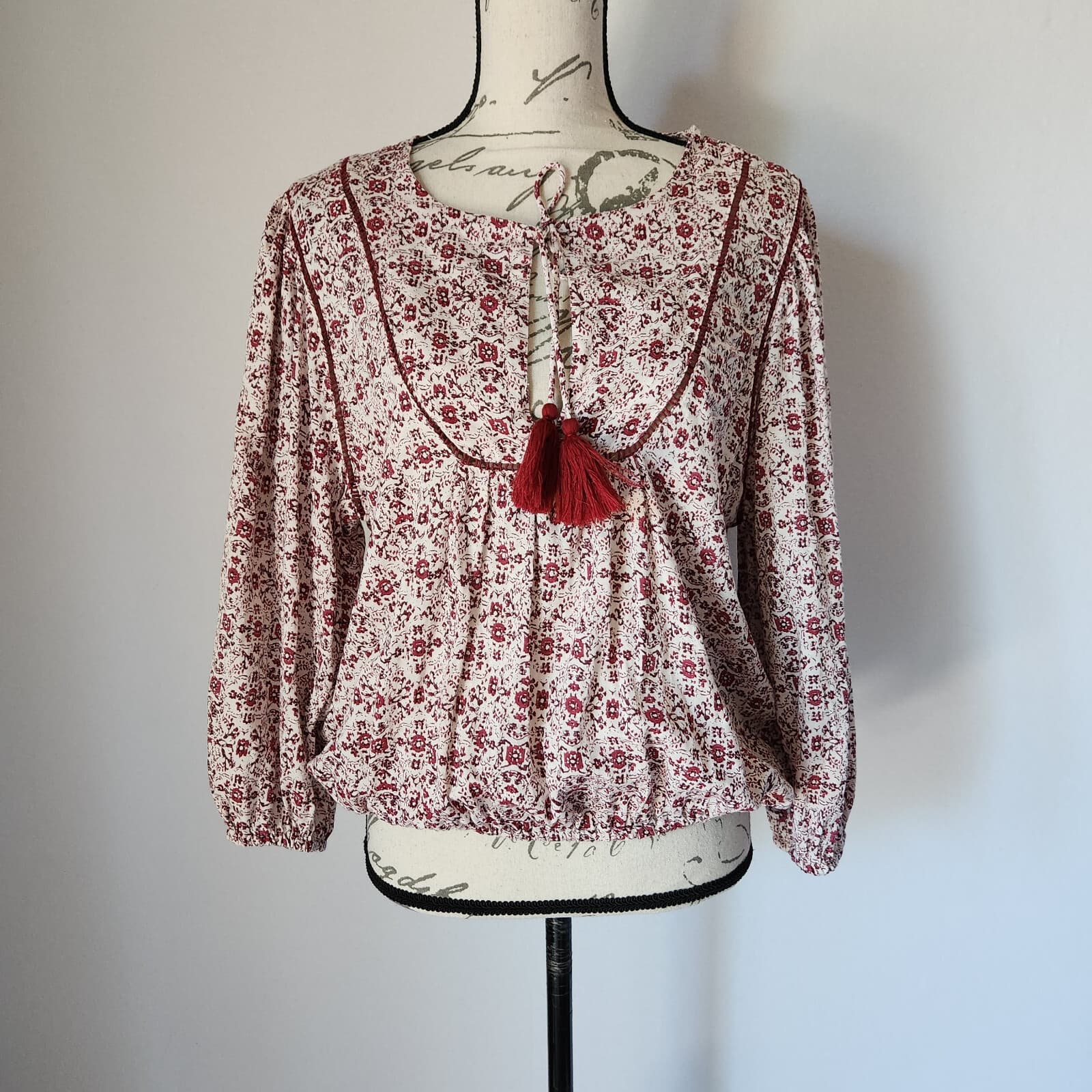 Lucky Brand Floral Peasant Boho Blouse Tassel Long Sleeve Red Cream Women's L