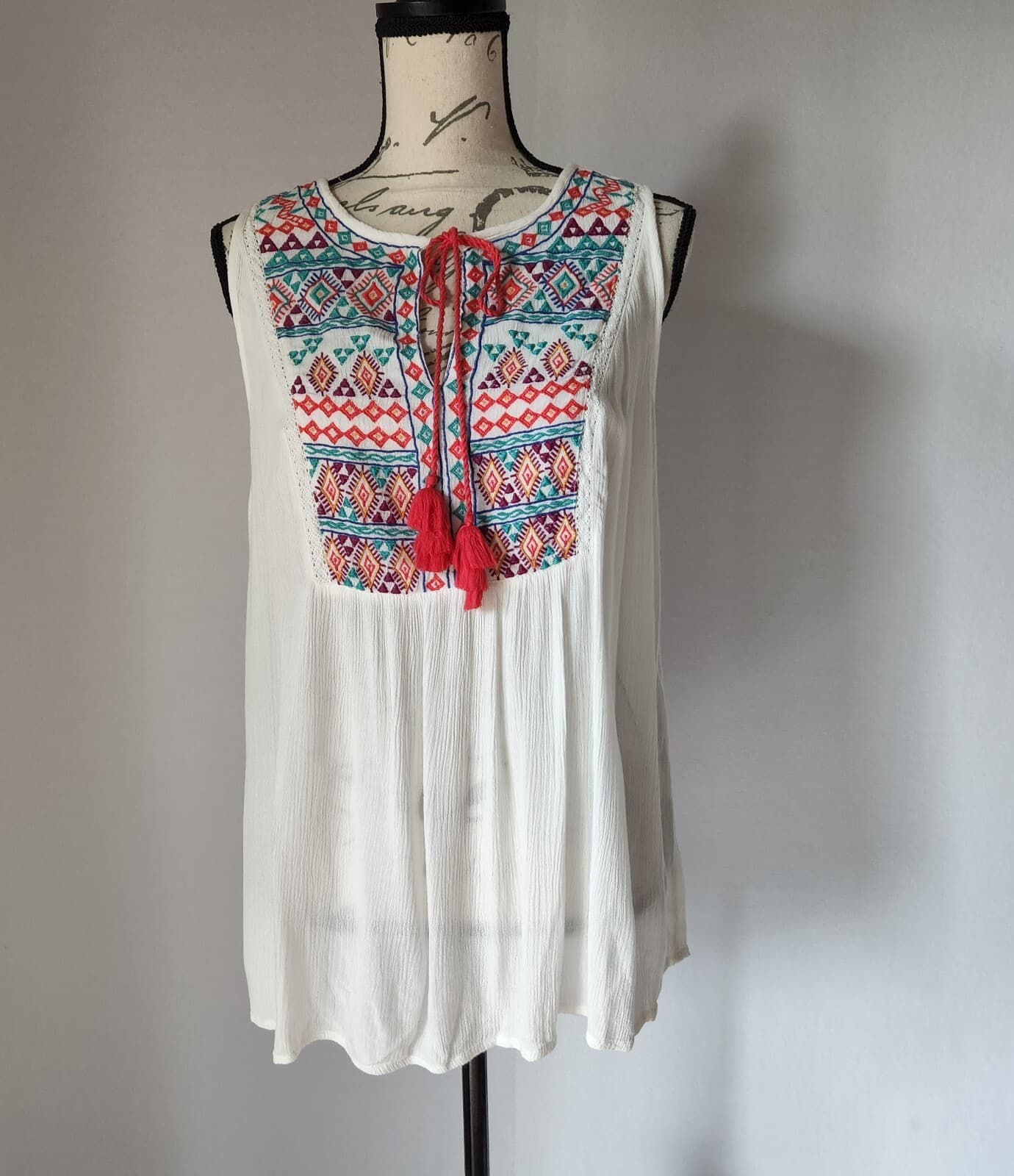 Sundance Journey Delight Embroidered Boho Top Sleeveless White XS (Bust 40")