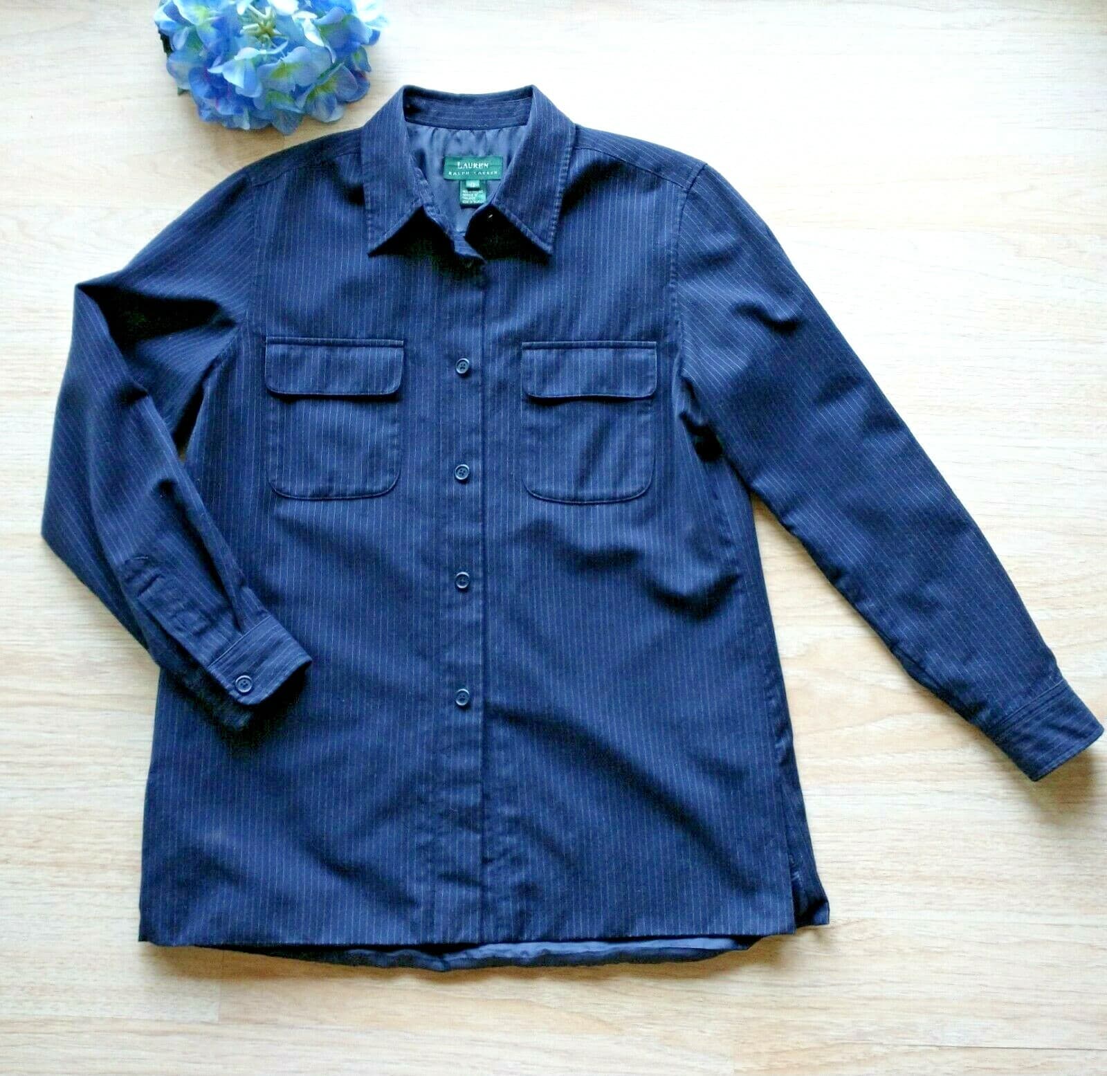 Lauren Ralph Lauren 100% Wool Shirt Jacket Button Lined Pinstripe Blue Women 12