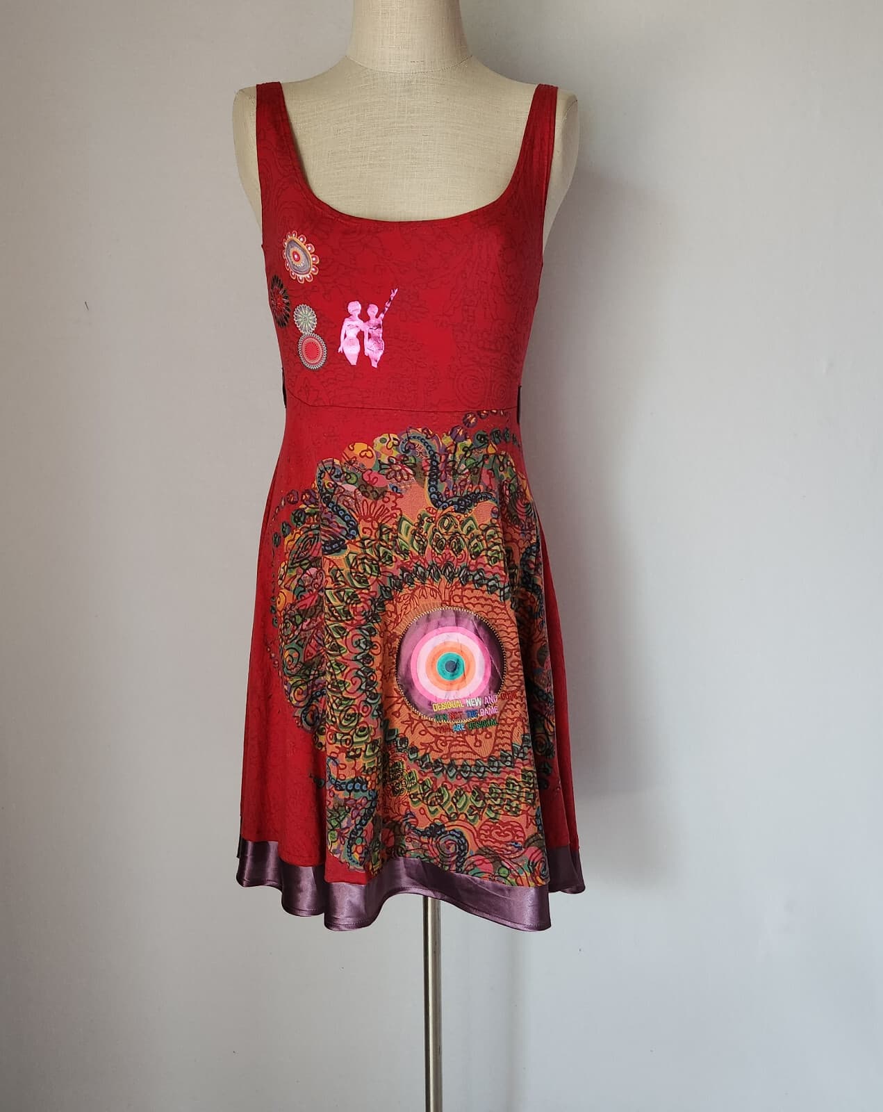 Desigual Embroidered Graphic Artwear Fit-Flare Summer Dress Sleeveless Red Sz.S