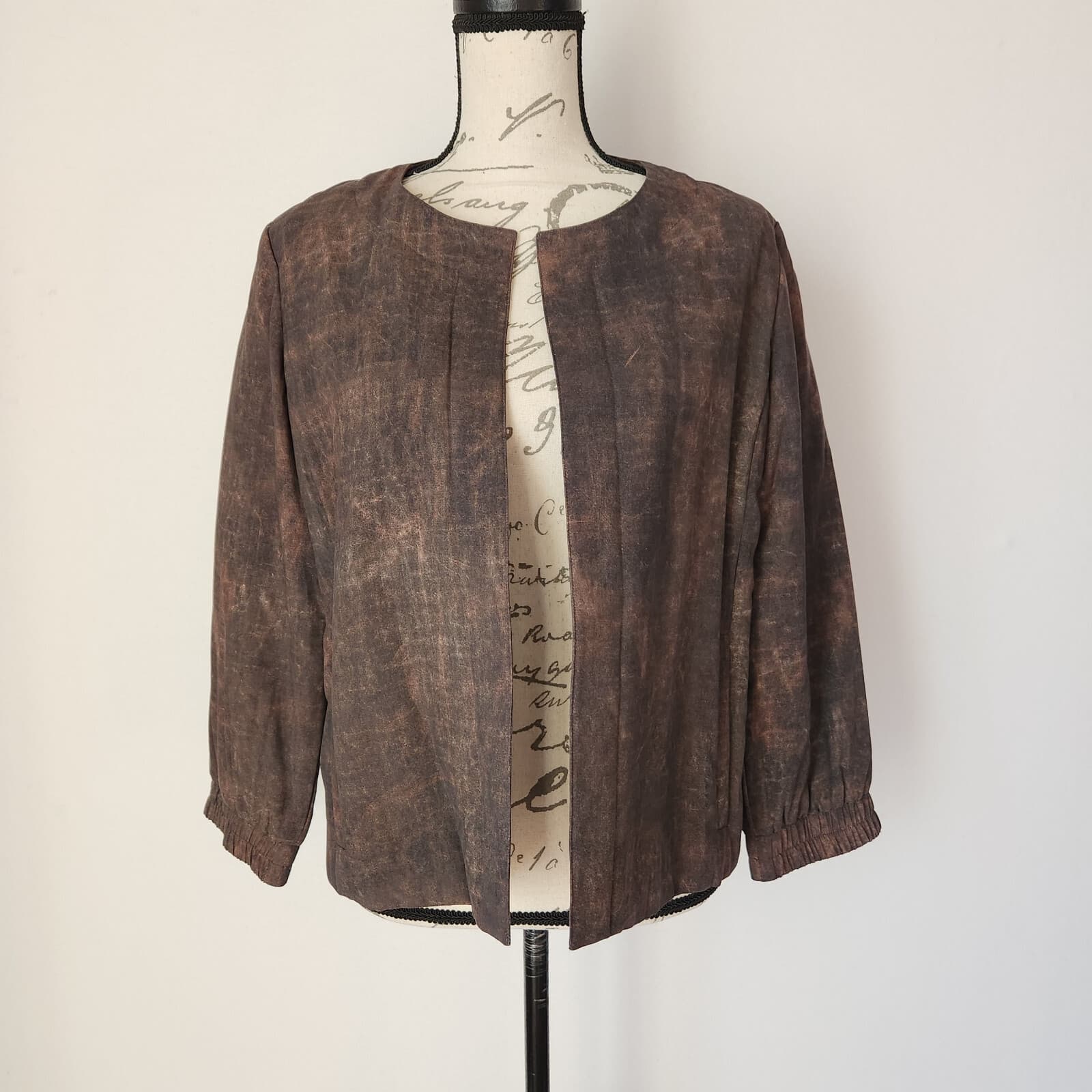 Eileen Fisher Terra Silk Print Bomber Jacket Padding Open Front Brown-Rye Sz.M