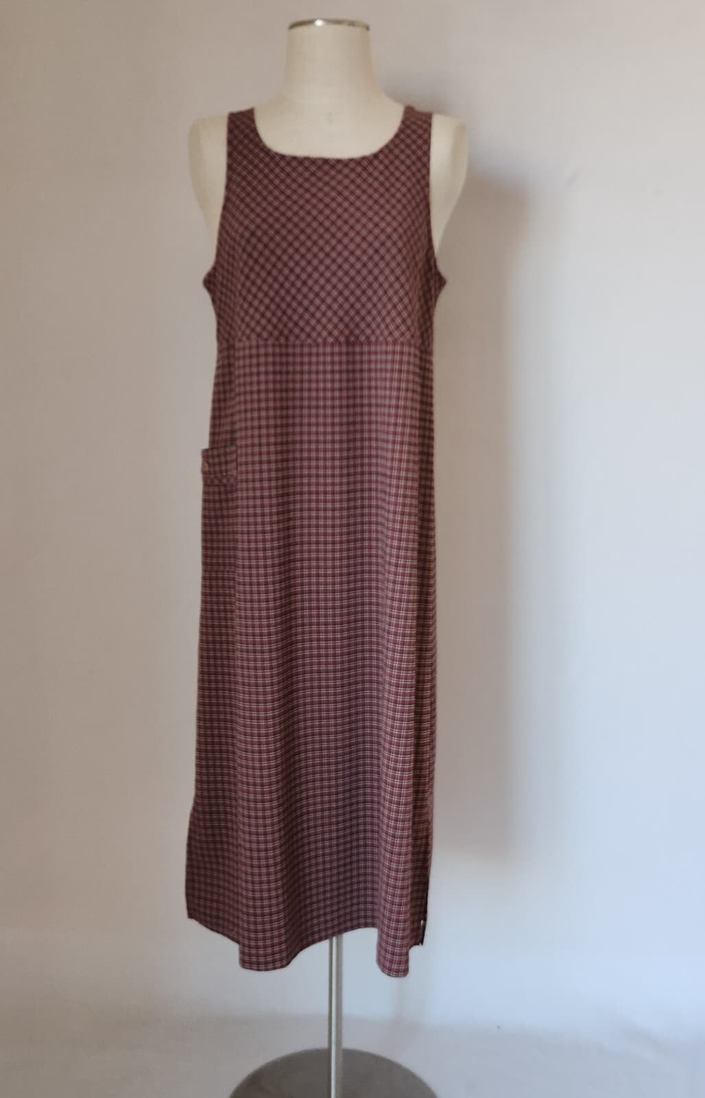 Vintage Talbots USA Crinkle Plaid Jumper Midi Dress Sleeveless Pocket Red Sz.P8