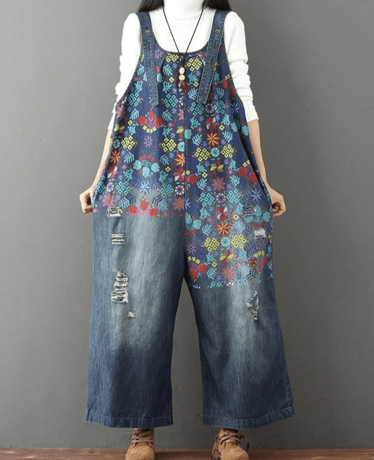 NWT Yeokou Floral Painted Loose Baggy Distressed Denim Overalls Pocket Blue O/S