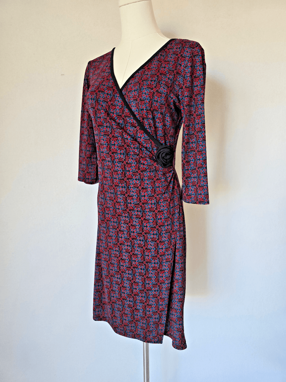 Vintage Y2K MAX Studio Made in USA Floral Jersey Faux Wrap Dress Red Blue Sz.SP
