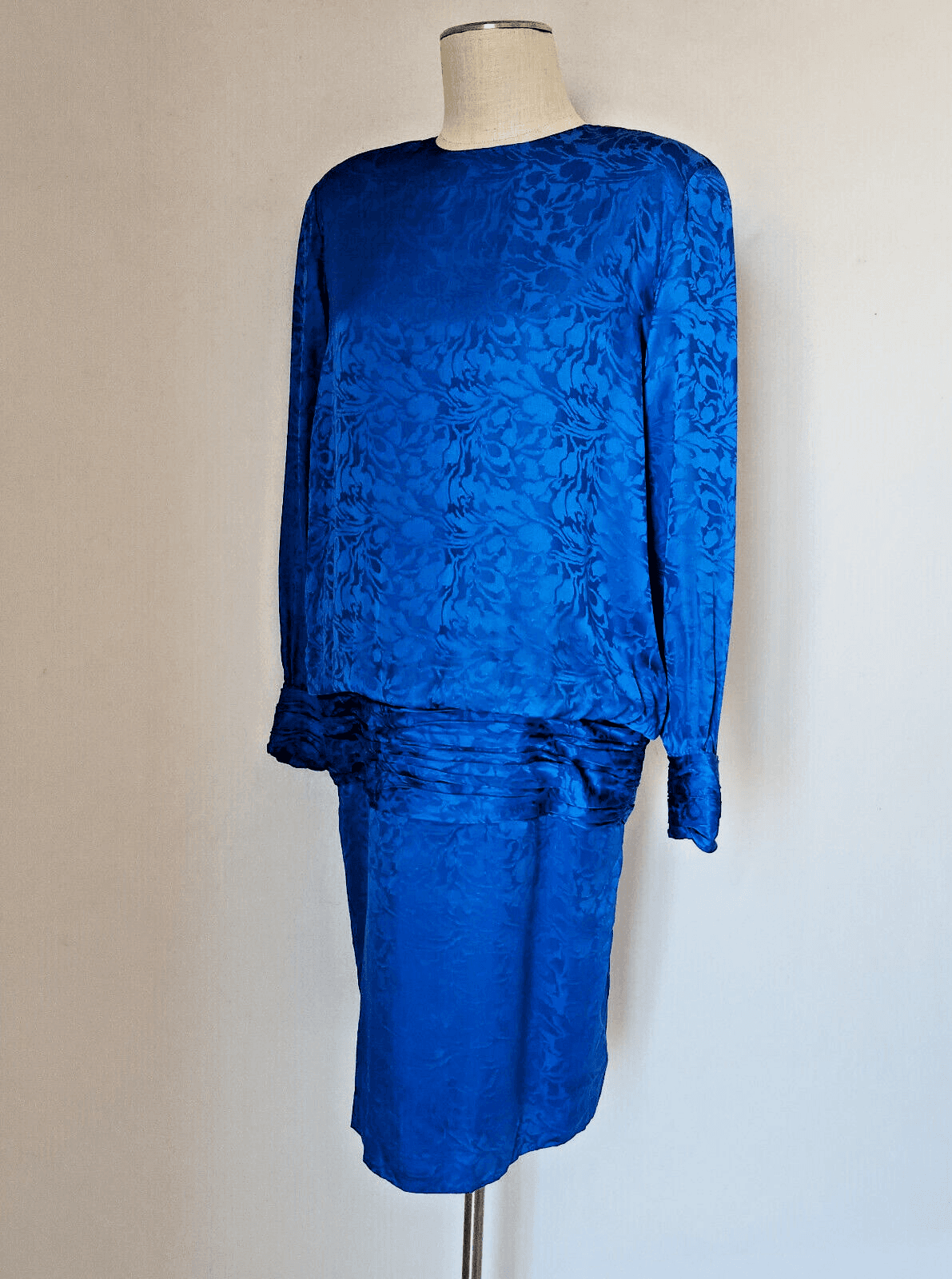 Vintage Silk Studio Cocktail Party Drop Waist Midi Dress Long Sleeve Blue Sz.14