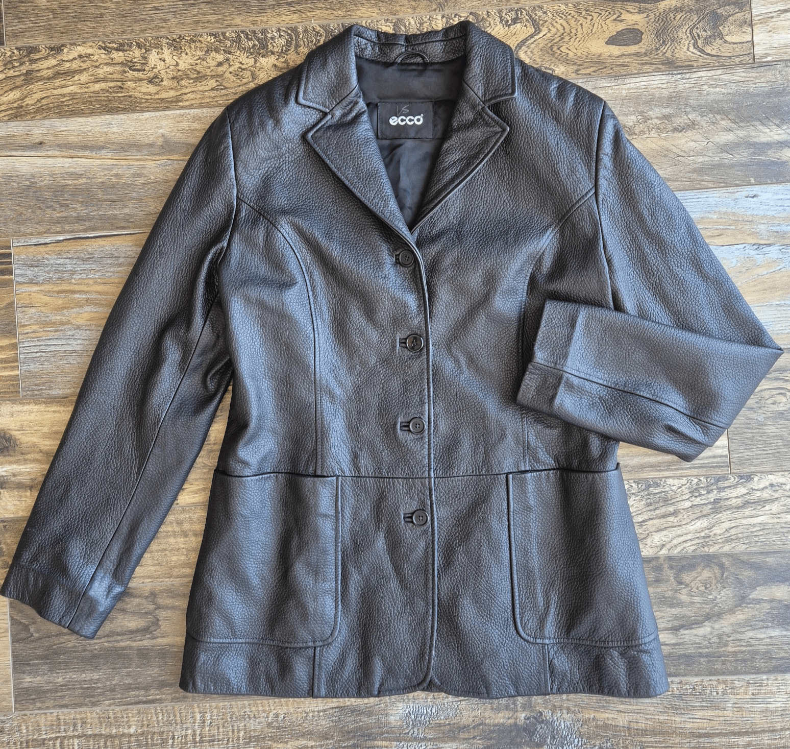 ecco Made in Italy Black Pebble Leather Blazer Jacket Pocket Lined Women's L
