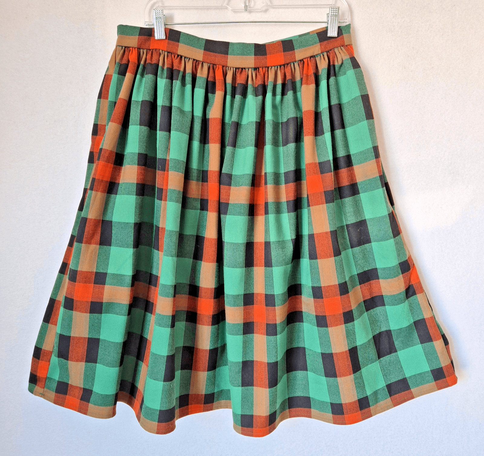 ModCloth x Collectif Jasmine Log Check Swing Skirt Pocket Zip Green Orange Sz.10