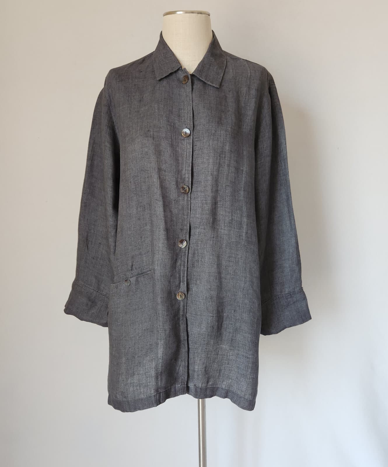 Vintage Chico's Design Linen Lagenlook Long Tunic Shirt Pearl Button Grey Sz.2/L