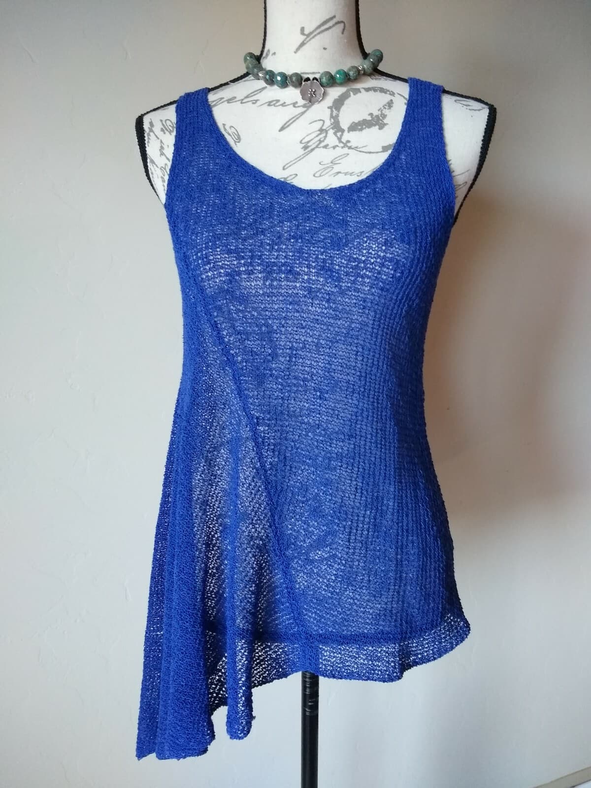 EILEEN FISHER Linen Blend Open Stritch Tank Top High-Low Sleeveless Blue Sz.M