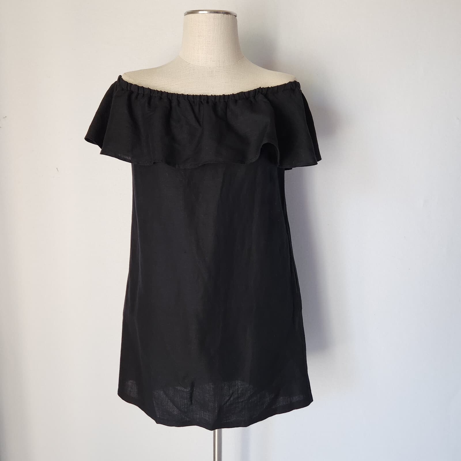 Tommy Bahama St. Lucia Off The Shoulder Mini Dress Pocket Linen Blend Black Sz.S