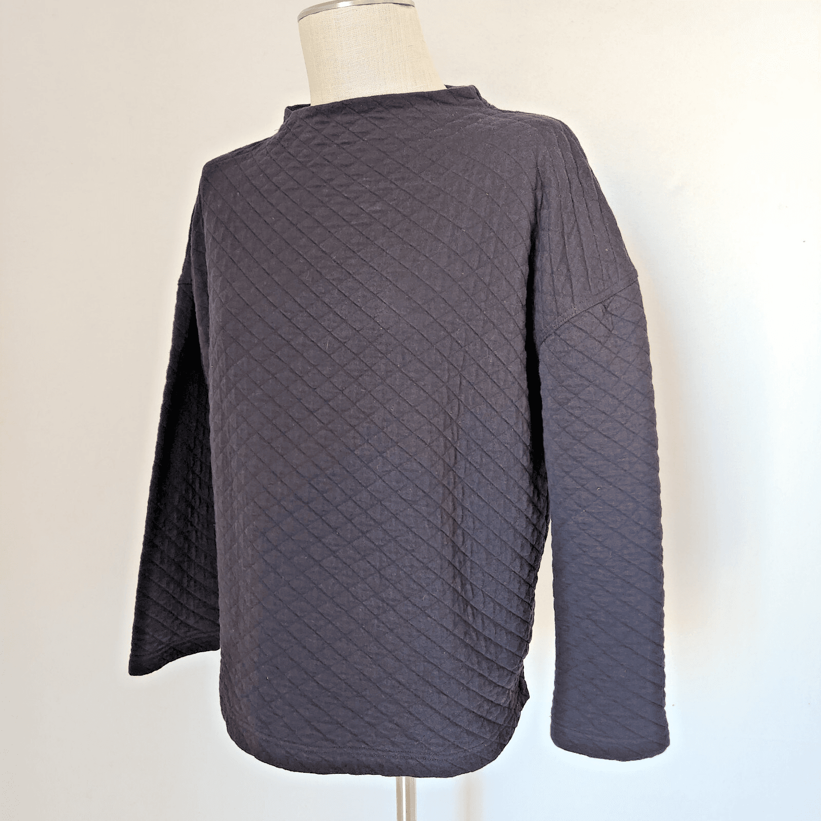 EILEEN FISHER Quilted Boxy Top Sweatshirt Mock Neck Organic Cotton Black Sz.PL