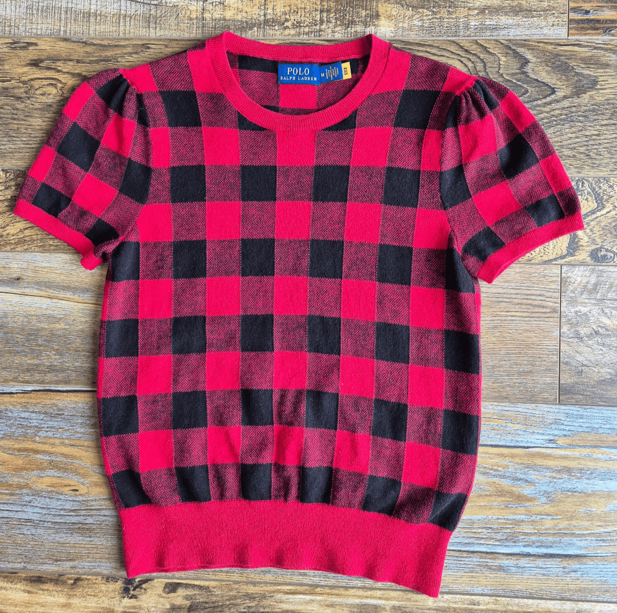 Polo Ralph Lauren Cotton Wool Red Black Buffalo Plaid Short Sleeve Sweater Sz.M