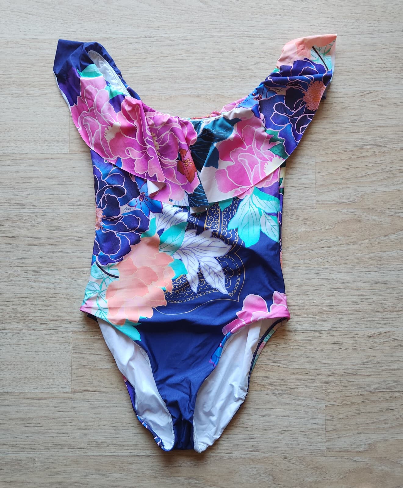 NWT $162 Trina Turk Opulent Floral Off-Shoulder Bandeau One-Piece Swimsuit Sz.12