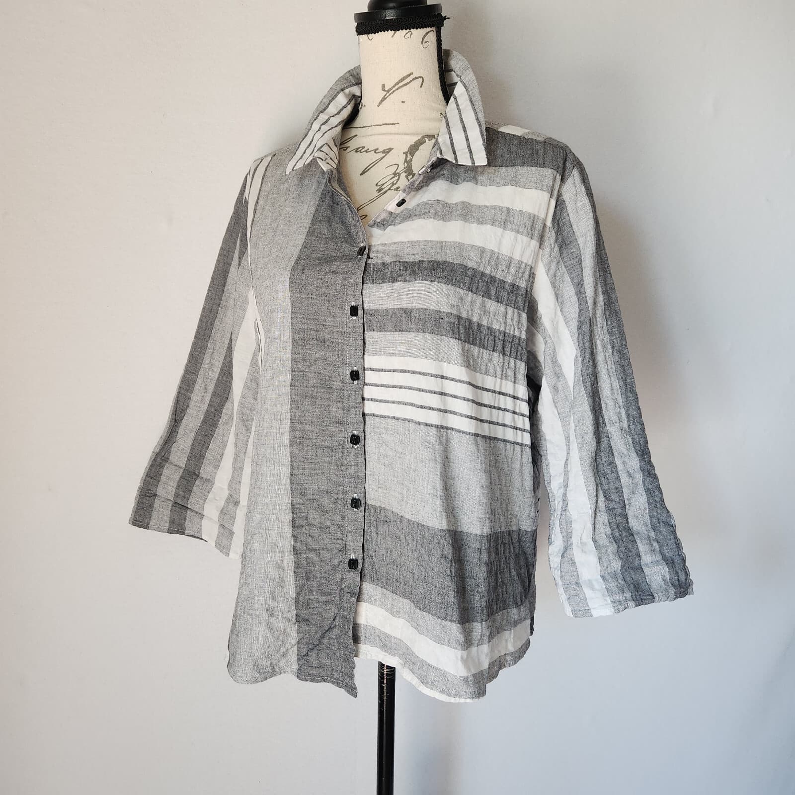 Habitat Lagenlook Striped Button Front-Back Shrit Long Sleeve Grey White Sz.M