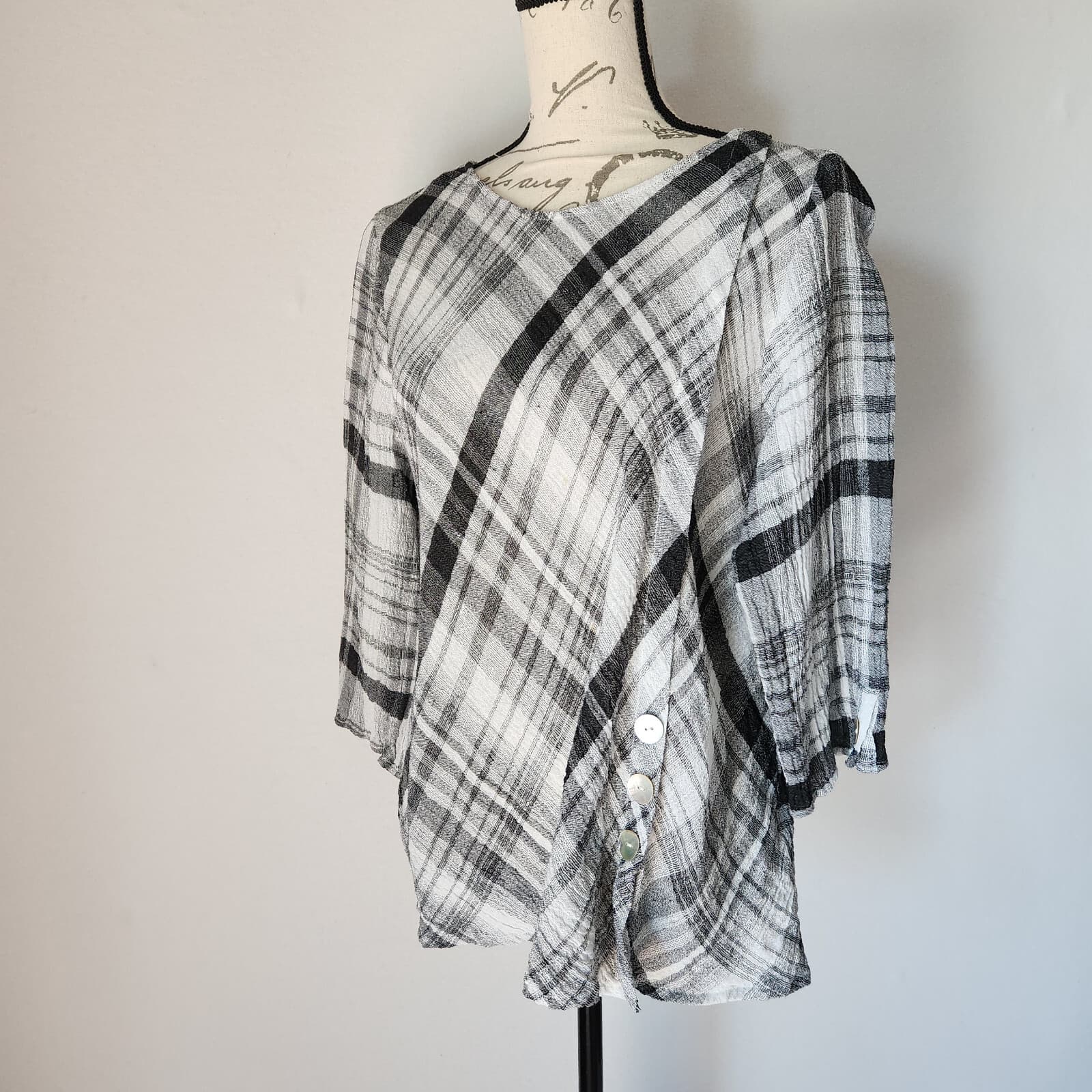Habitat Lagenlook Linen Blend Crinkle Blouse 3/4 Sleeve Plaid Black Grey Sz.M