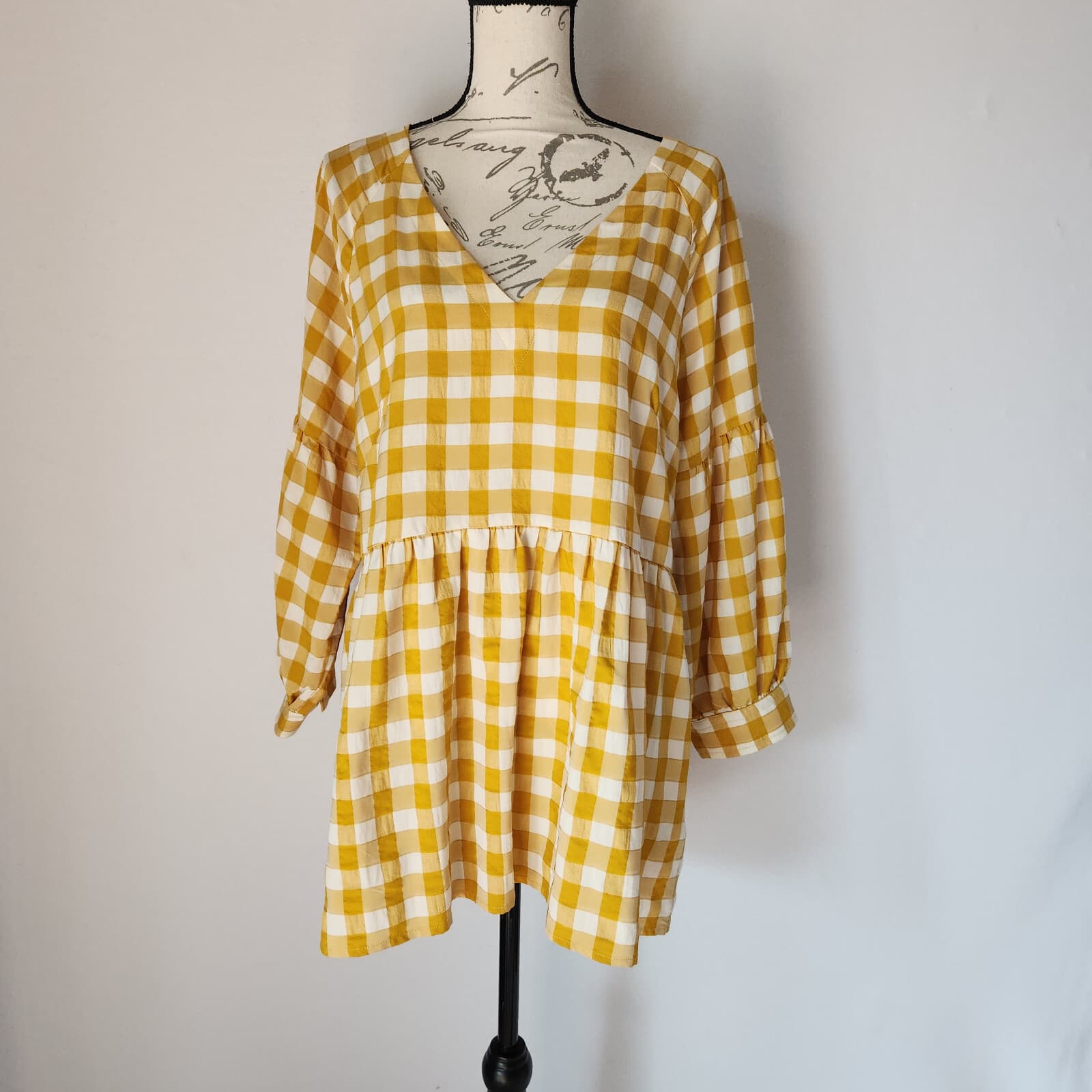 Maeve Anthropologie April Babydoll Blouse 3/4 Sleeve Gingham Yellow White Sz.L
