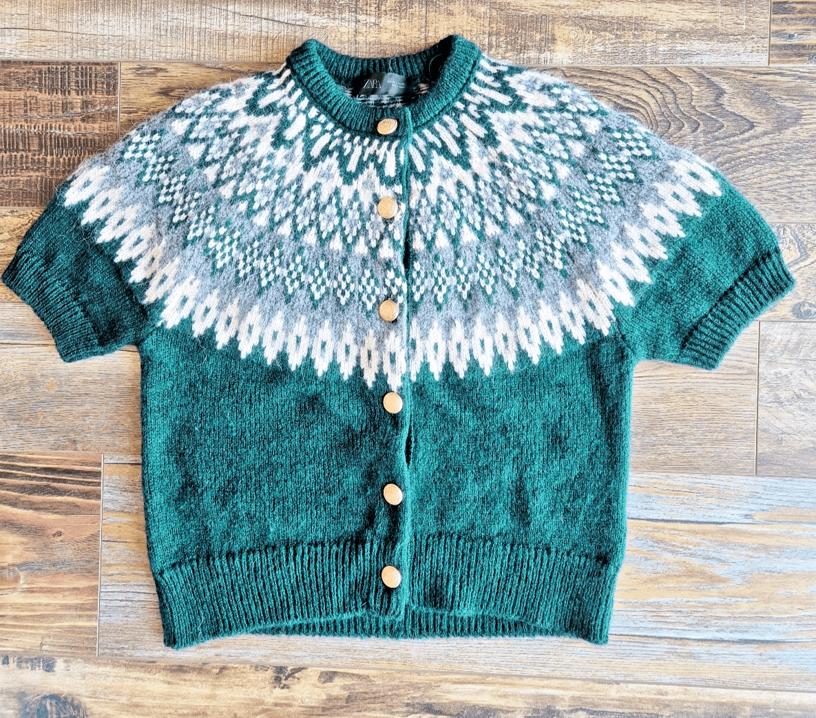 Zara Fair Isle Jacquard Wool Alpca Gold Button Short Sleeve Cardigan Green Sz.M