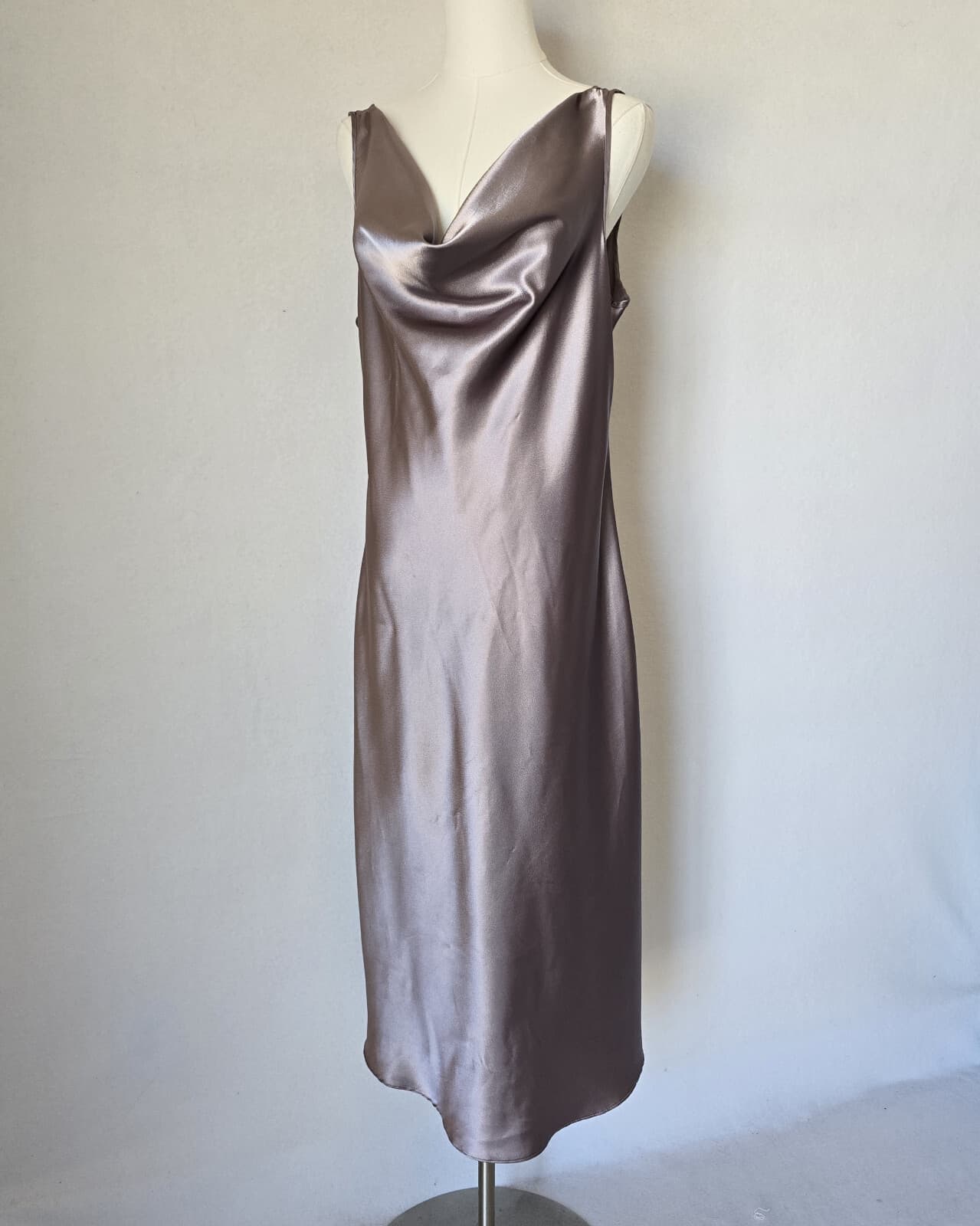 Private Luxuries Satin Draped Cowl Neck Midi Slip Night Dress Metallic Grey Sz.M