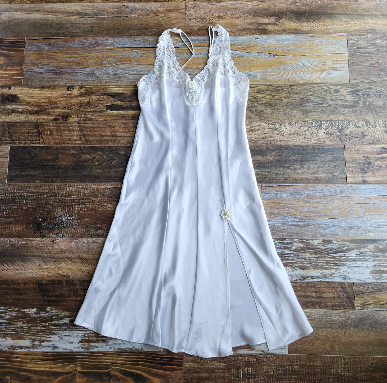 Vintage Jolynn Lace Beaded Satin Bridal Midi Slip Dress Nightwear White Sz.M