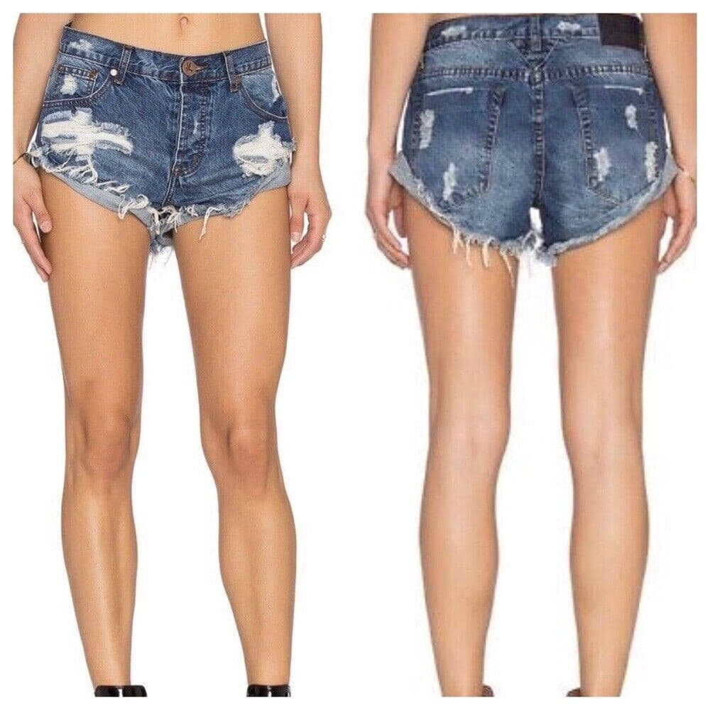 One Teaspoon Bandits Button Fly Denim Shorts Relax Fit Twisted Cuff Hem Blue 26