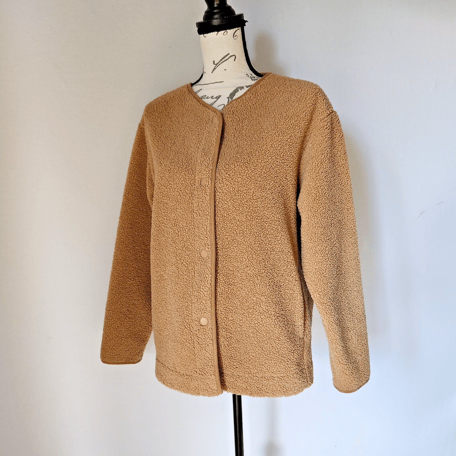 Joie Teddy Sherpa Fleece Jacket Snap Pocket Long Sleeve Tan Women's S