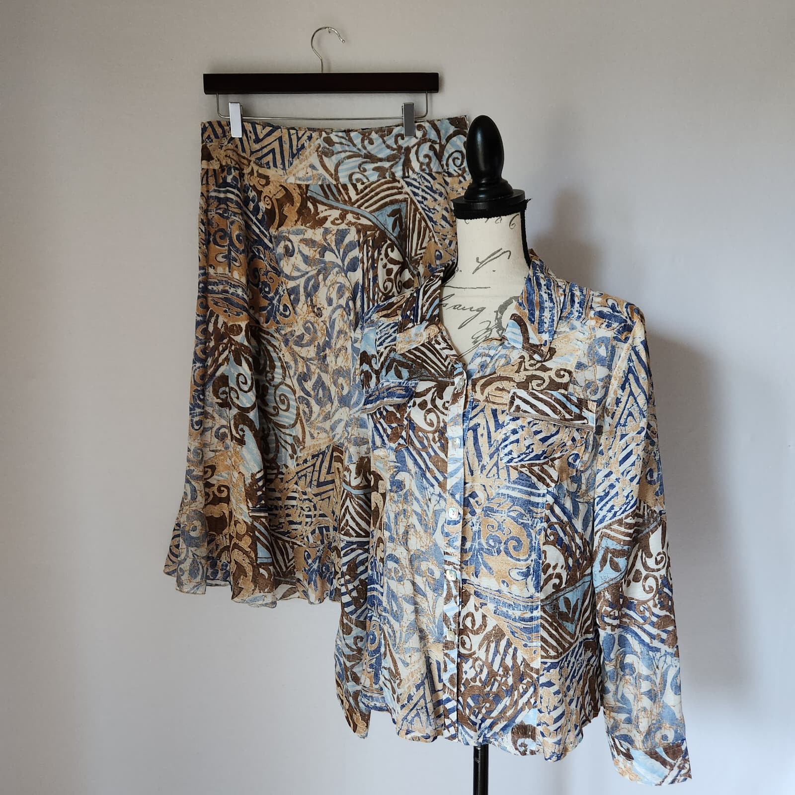 Cynthia Max Linen Blend Hilltribe Printed 2 Piece Shirt Skirt Multicolor Sz.L,M