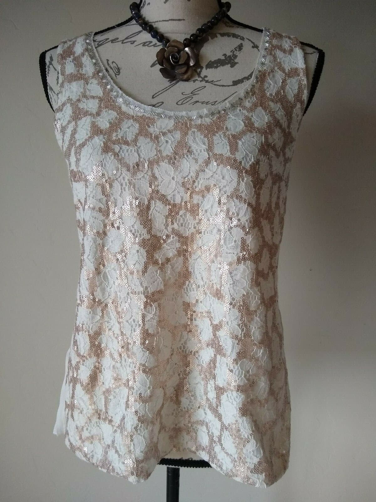 Meadow & Rue Anthropologie Lace Knit Chiffon Top Sleeveless Embellished Cream S